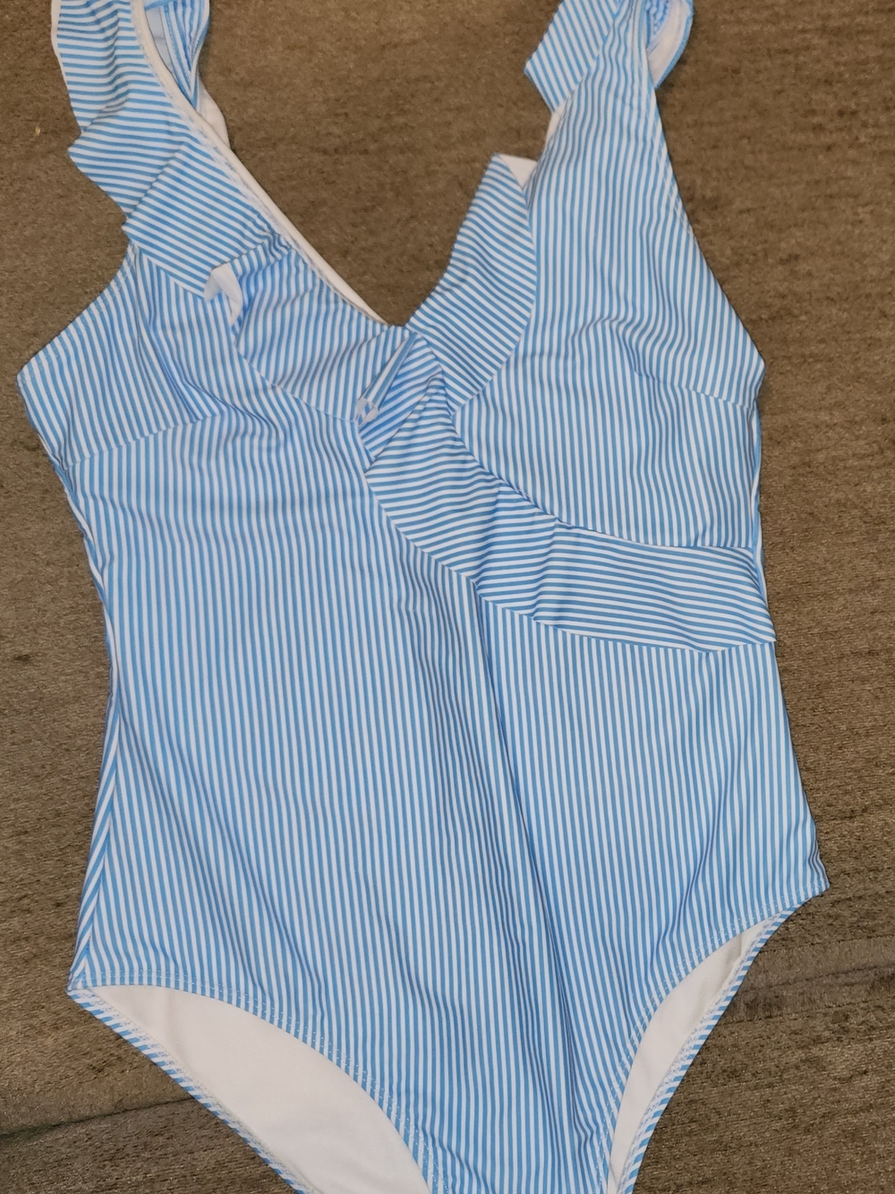 Blue and white striped seersucker one-piece ruffle swimsuit 0XL